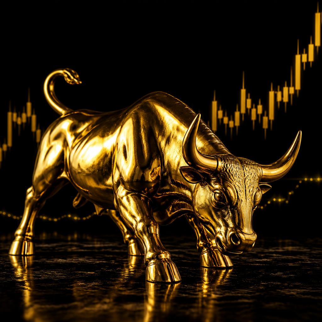 Gold bull statue in front of a rising trading chart